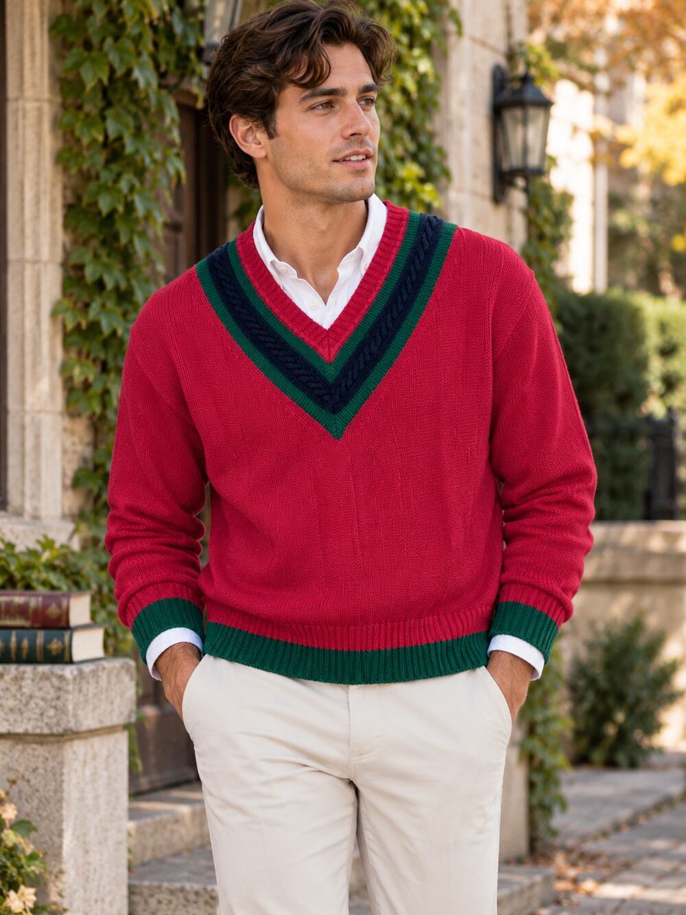 VINTAGE VARSITY by SAVILE ROW Red Navy Green V-Neck Tennis Sweater Size Medium